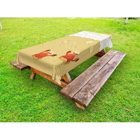 

Crabs Outdoor Tablecloth Funny Summer Card with Cute Crabs on the Beach Holiday Vacation Theme Print Decorative Washable Fabric Picnic Tablecloth 58 X 104 Inches Sand Brown and White by Ambesonne