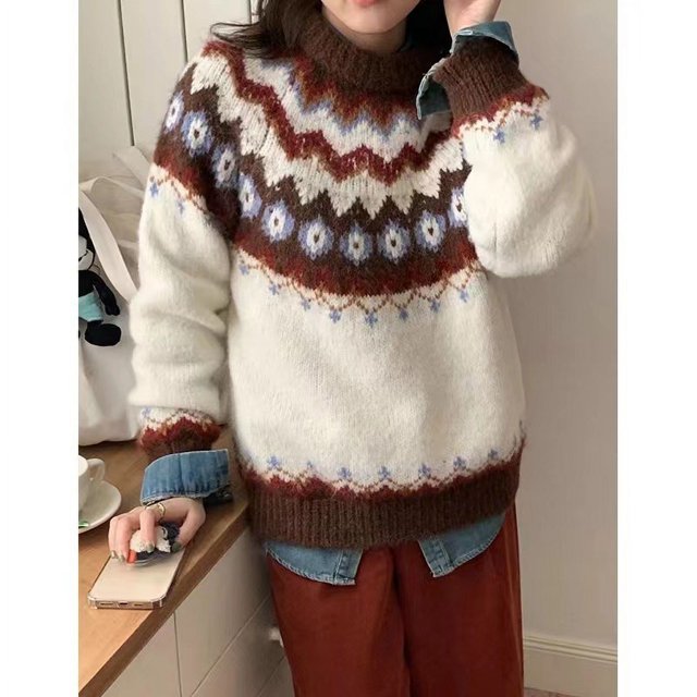 Chandail Élégant pour Femme en Tricot Côtelé à Col Rond, Manches Longues, Coupe Ample, pour le Travail Quotidien Décontracté