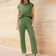thumbnail image 4 of Women's Plus Size Two Piece Casual Sets Round Neck Cap Sleeve Tops with High Waist Straight Leg Pants Solid Trendy Sets Army Green,5XL, 4 of 5