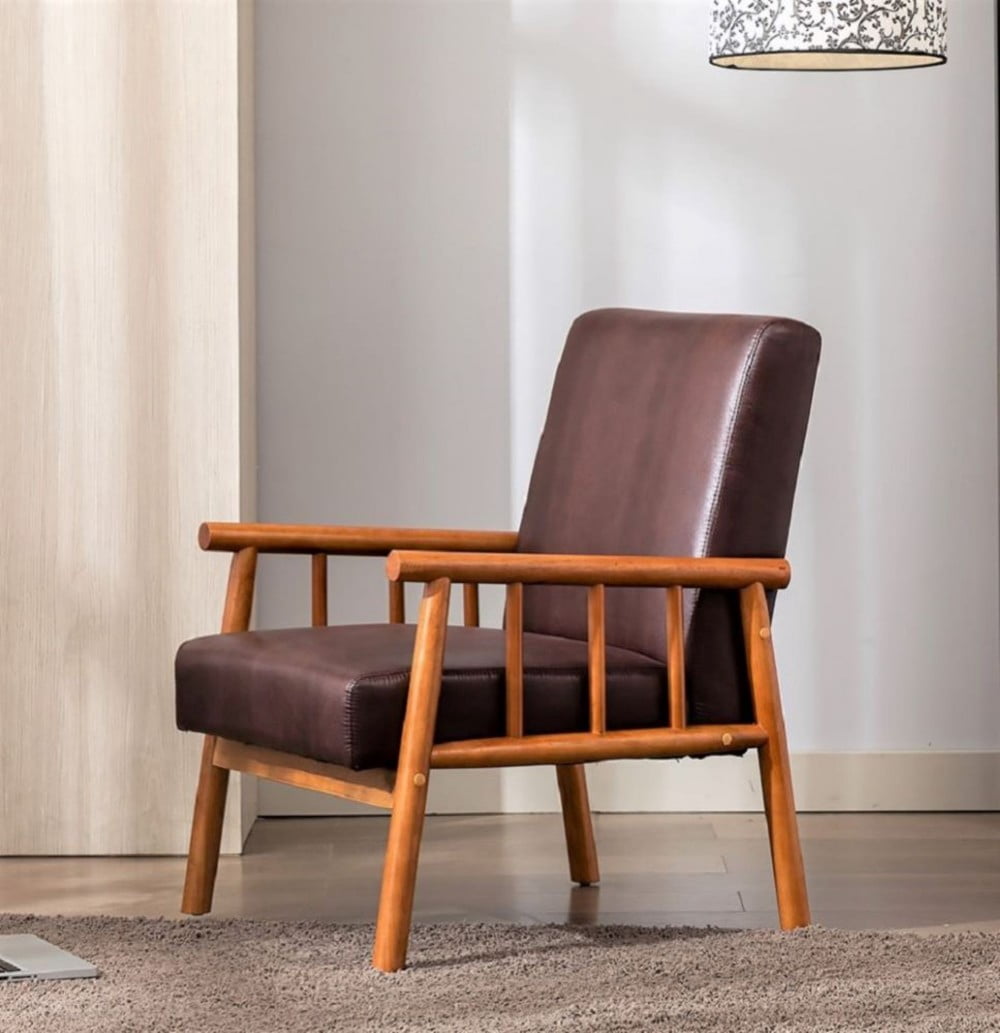 Mid Century Modern Accent Chair, 25" Wide Upholstered Armchair with Solid Wood Frame, Padded Seat & Arms, Dark Brown Lounge Chair for Living Room & Bedroom, Dark Brown