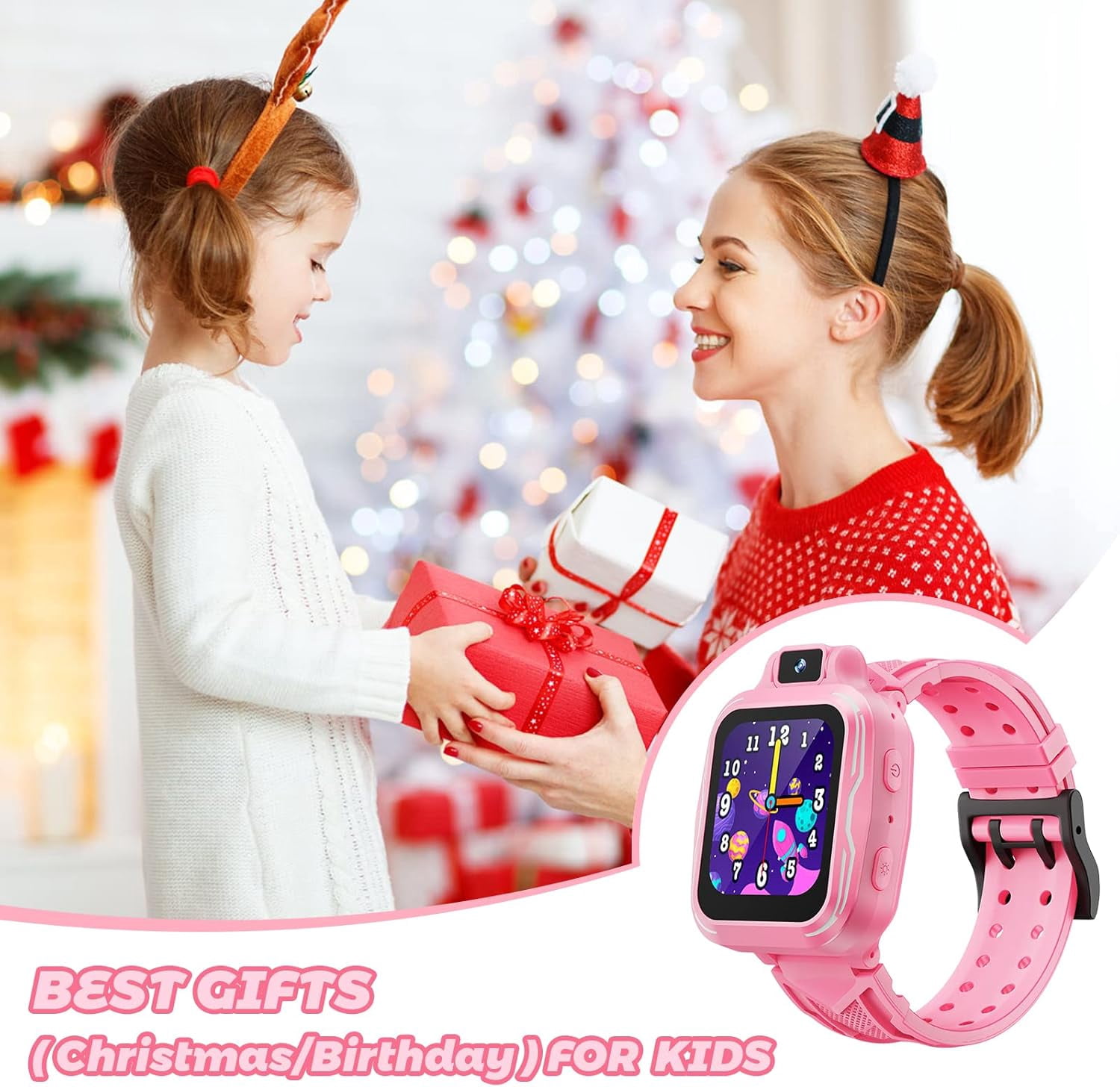 Kids Digital Watch Girls, Best Christmas Birthday Gifts for Age 3 4 5 6 7 8 9 Years Children,Touchscreen Toddler Sport Smart Watch with Camera FM MP3 Pedometer - Light Pink with 32GB SD Card