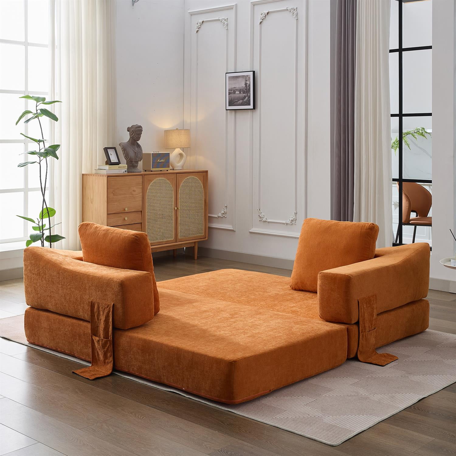 Demi Bonn 70" Modern Minimalist Convertible Sofa Bed, Fold-Out Sofa Chair, Versatile Floor Couch & Mattress for Living Room, Bedroom, Apartment, Removable Backrest, Orange