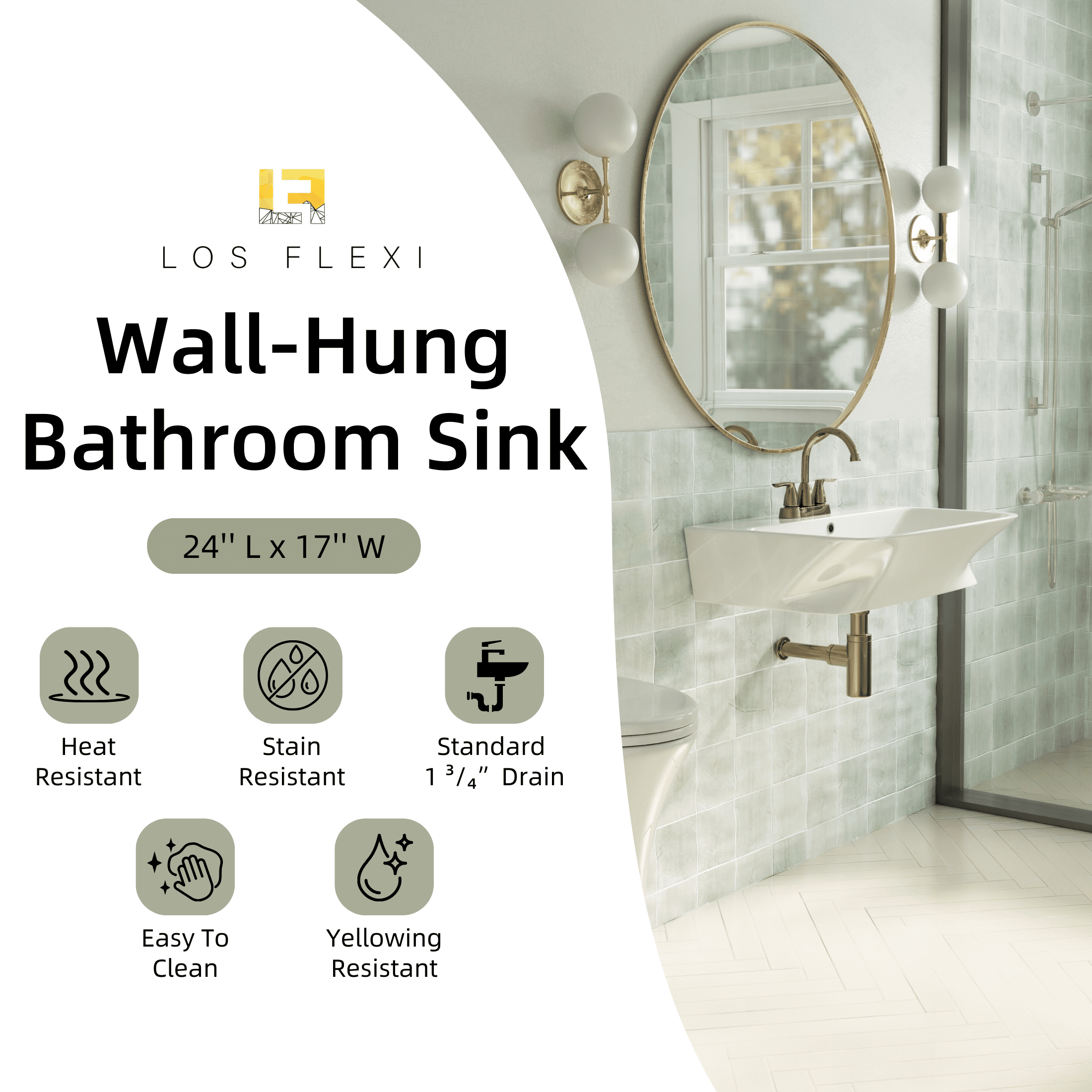 Los Flexi 24" x 17" White Ceramic Wall-Mount Bathroom Sink with Rear Overflow, 3 Pre-Drilled Holes, Widespread Faucet Compatible for Small Spaces