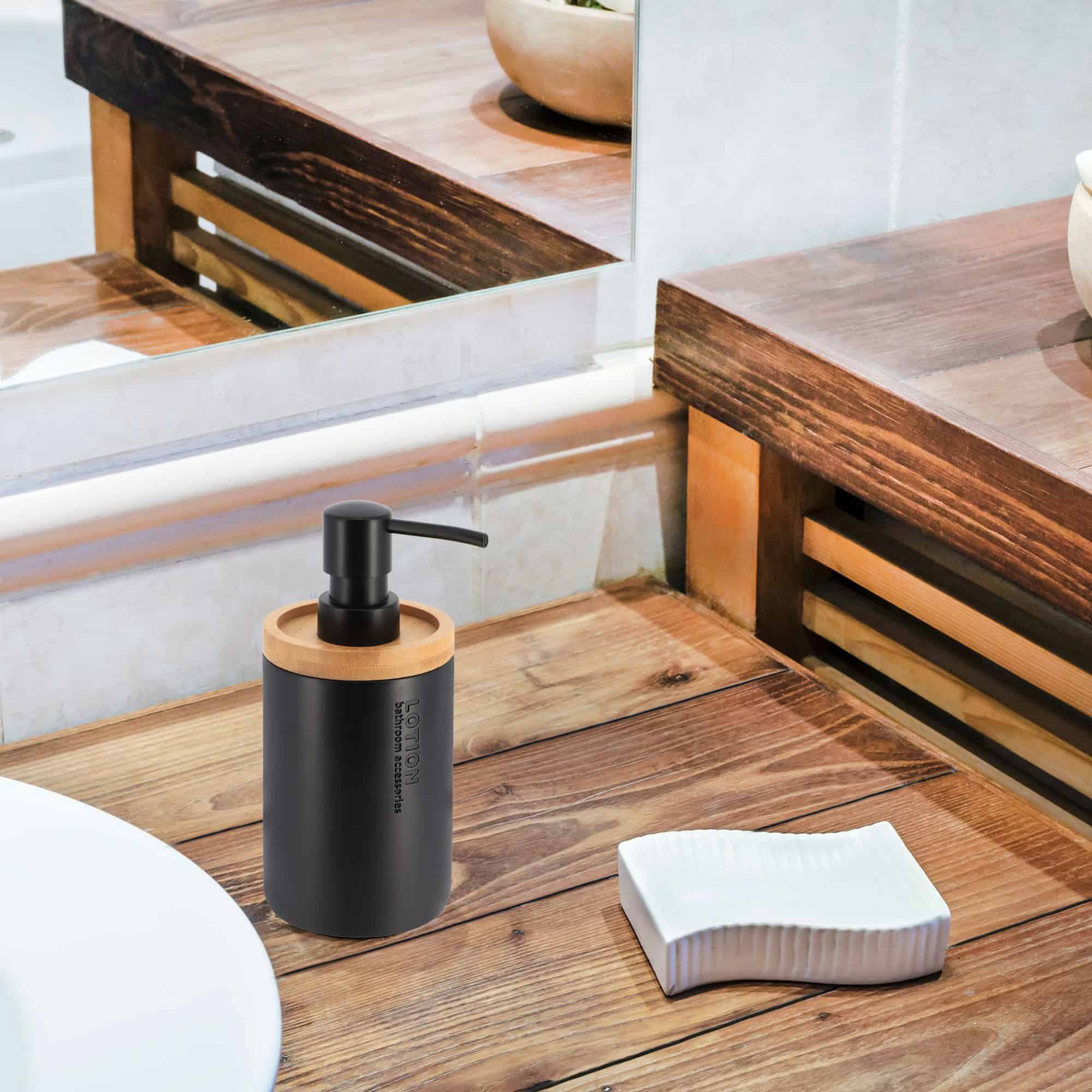 Sleek Matte Black Soap Dispenser with Natural Bamboo Detail - Polyresin Hand Pump, Elegant Bathroom Accessory