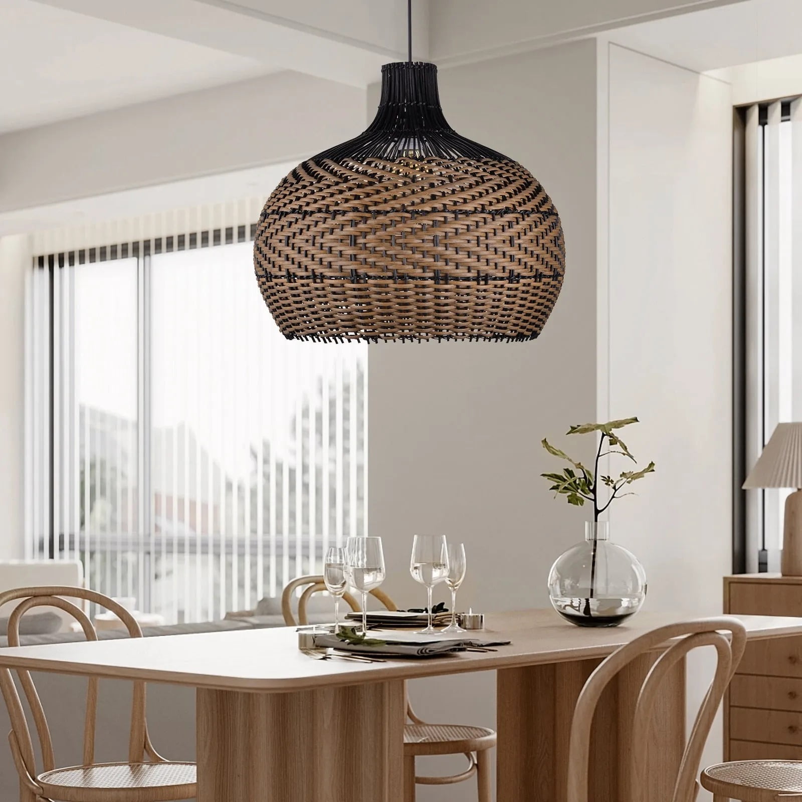 LittleGlovo Dining Room Black Brown Rattan Pendant Light Fixture Wabi-sabi Vintage Lamp