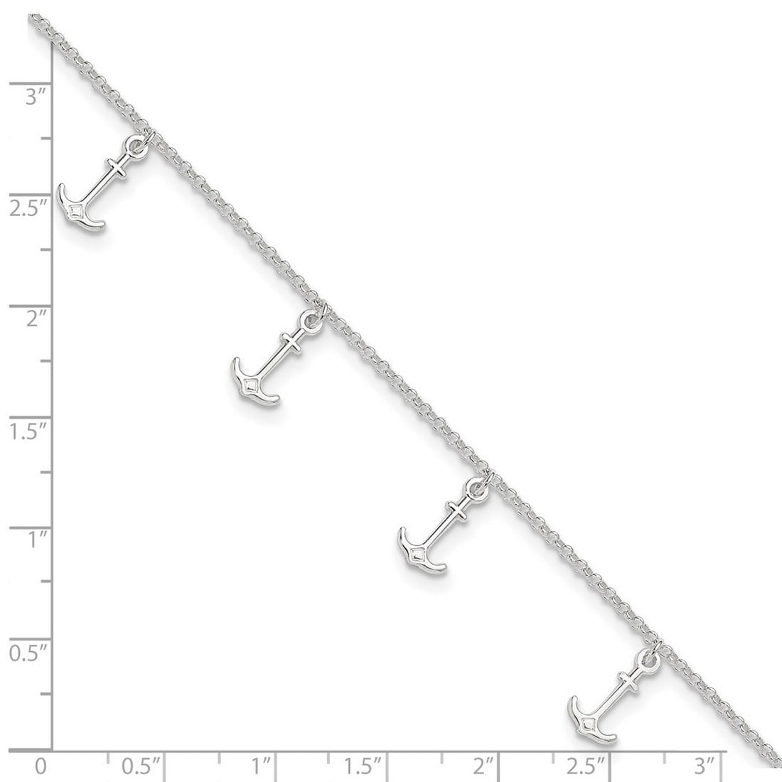 Sterling Silver Polished Anchors With 1inch Ext. Anklet - 3.5 Grams - 9 Inch - Measures 7mm Wide