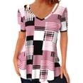 thumbnail image 2 of Camiseta de manga corta con estilo y transpirable con estampado de cuadros de poliéster con cuello en V ahuecado para mujer, 2 of 5