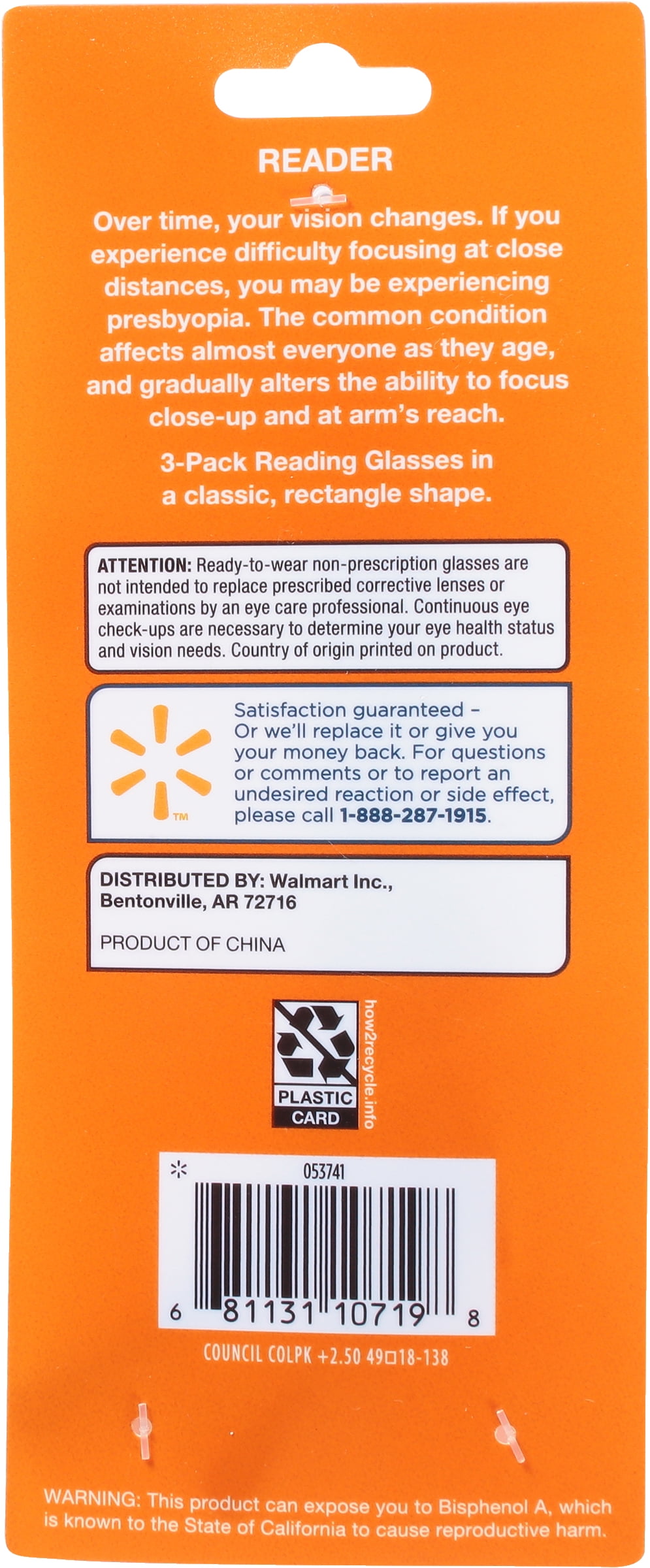 Equate Council Value 3-Pack Unisex Rectangular Reading Glasses, +2.50