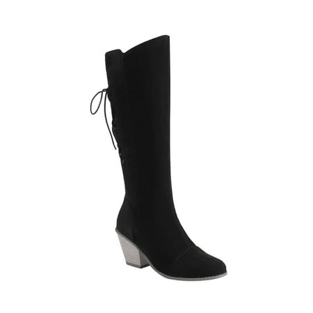 KIJBLAE Women s Suede Knee High Boots Back Lace Up Buckle Chunky Heel Ankle Boots Fall Winter Shoes Black 35