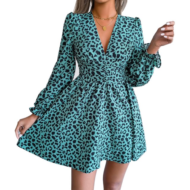 Vestido de cintura alta,Vestido de verano Vestido de manga larga en V de moda Vestido con estampado de leopardo diseñado para precisión
