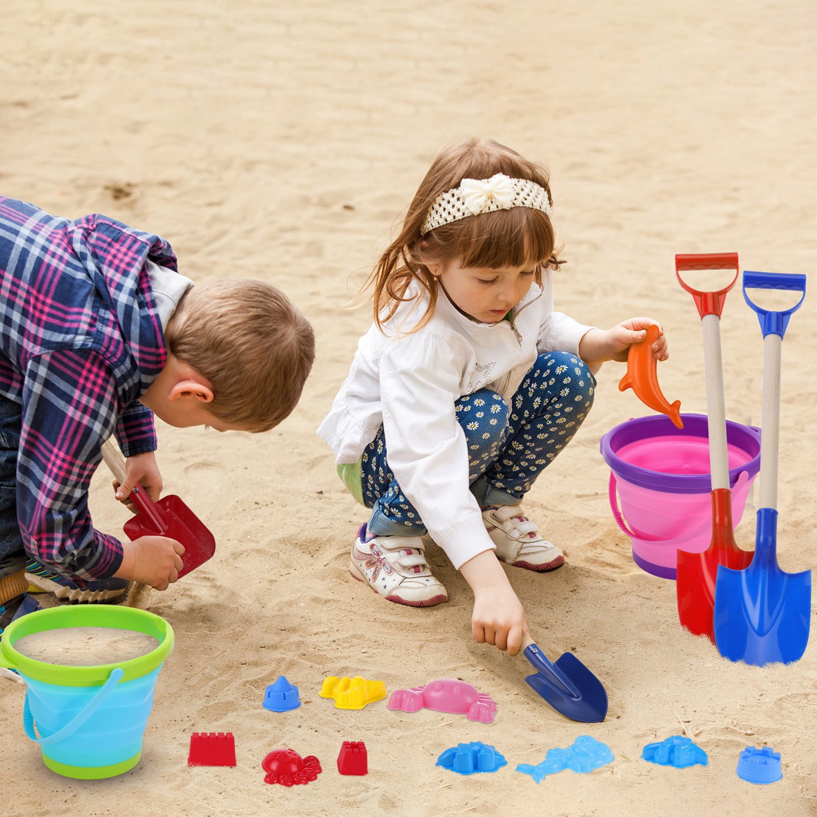 sixwipe 27 Pcs Beach Toys for Kids, Collapsible Sand Bucket and Shovels Set with Mesh Bag & Sand Molds, Sand Castle Toys for Beach, Travel Sand Toys for Beach, Sandbox Toys for Toddlers Kids Age 3-10