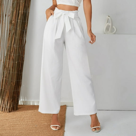 pstuiky Wide Legged Pants, Solid Color Casual Long Palazzo Pants Pants Ruffled Athletic Womens Dress Pants White L