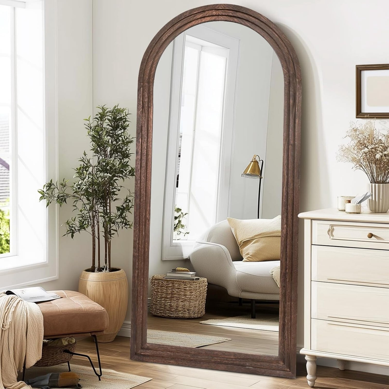 BEAUTYPEAK 71"x30"Wooden Arched Full Length Mirror with Stand,Walnut