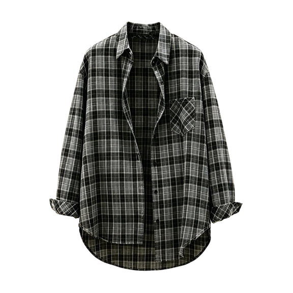 Vivianyo HD Women's Oversized Plaid Flannel Shirts, Chest Pocket Long Sleeve Button Down Casual Blouses for Women, Women's Black, Sizes S-2XL