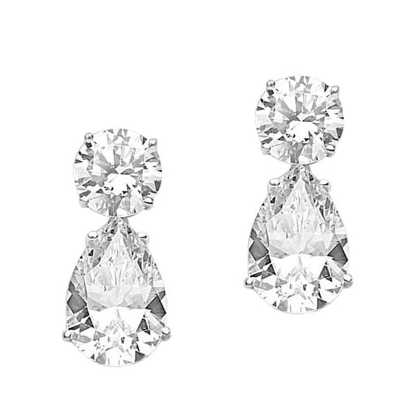 Prong Set Tear Drop Earrings with Artificial Pear and Round Brilliant Diamonds by Diamond Essence set in 14K White Gold