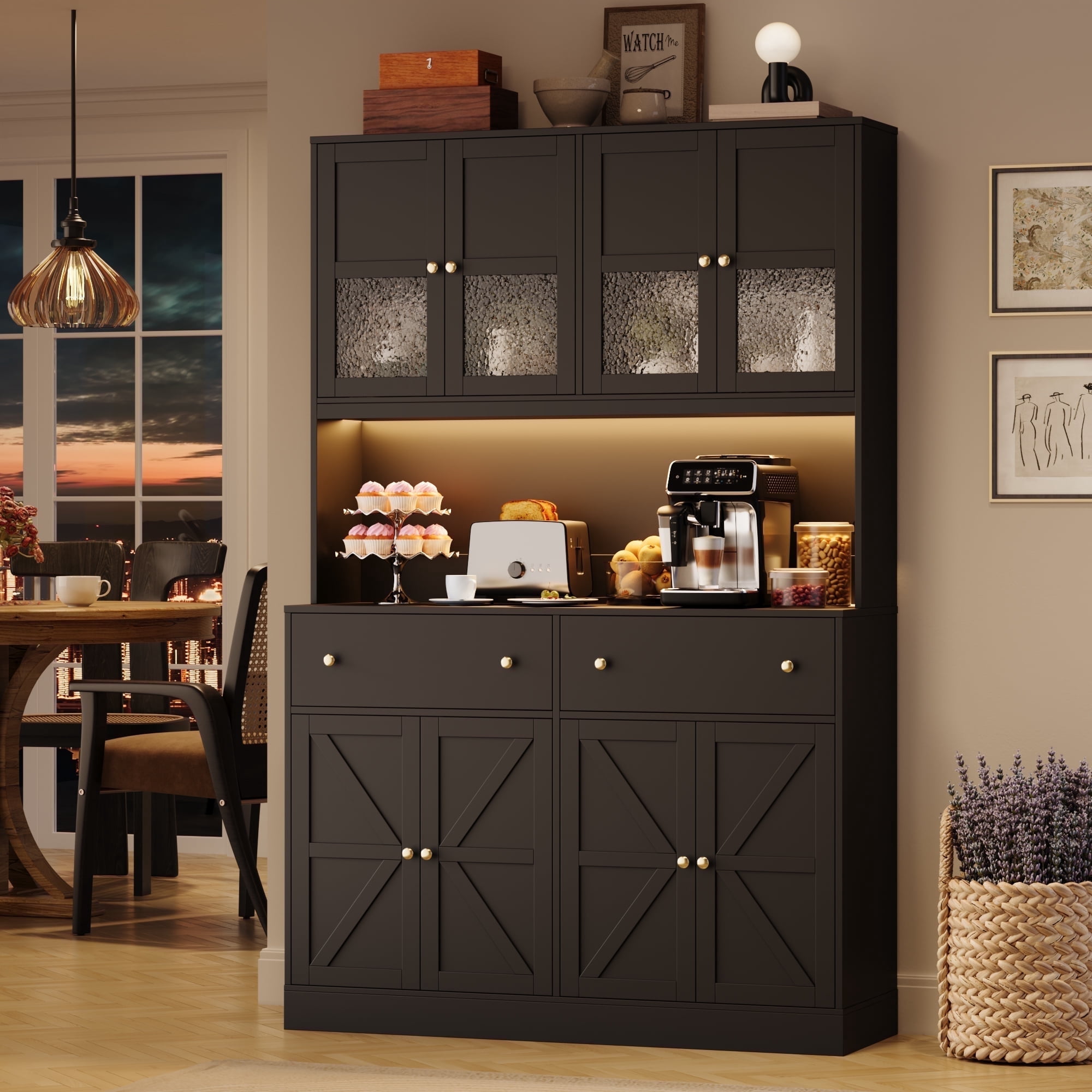 Homfa 8 Door Kitchen Pantry Cabinet with 2 Drawer, 71" LED Buffet Cabinet with & Charging Station & USB Port, Black