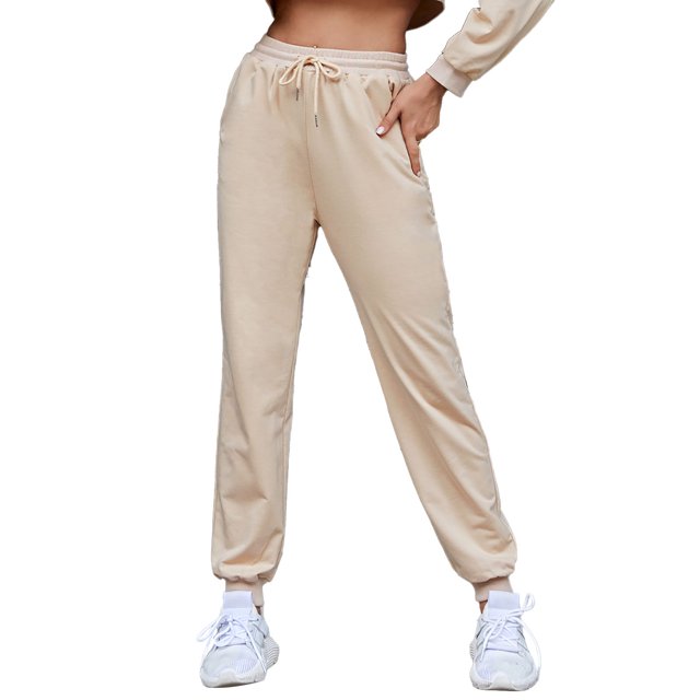 Pantalones De Chándal Cintura Elástica Color Puro Bolsillo Con Cordón Pantalones Deportivos Largos Casuales Para Mujer Amarillo Claro XXL
