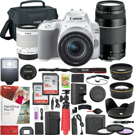 Canon Easy Photo Pack Canon EOS Rebel SL3 DSLR 4K Camera (White) with EF-S 18-55mm f/3.5-5.6 IS II and EF 75-300mm f/4-5.6 III Double Zoom Lens Kit and SanDisk Memory Cards 16GB 2 Pack Plus Triple Battery Accessory Bundle ()