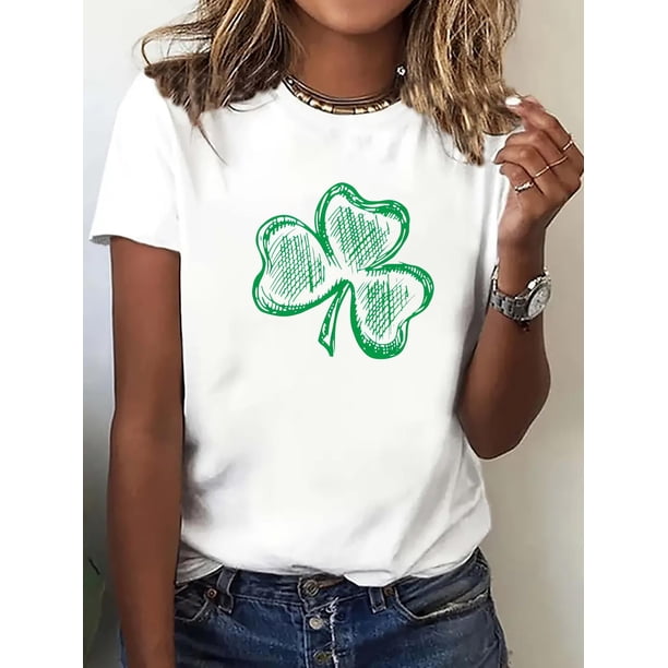 1pc Women'S Casual Cotton T-Shirt with Clover Print, Crew Neck, Slight Stretch, All-Season Knit Fabric Tee with Applique Detail Tee For Adult, Men, Women, Teen, Teenager, Adolescent, Youth