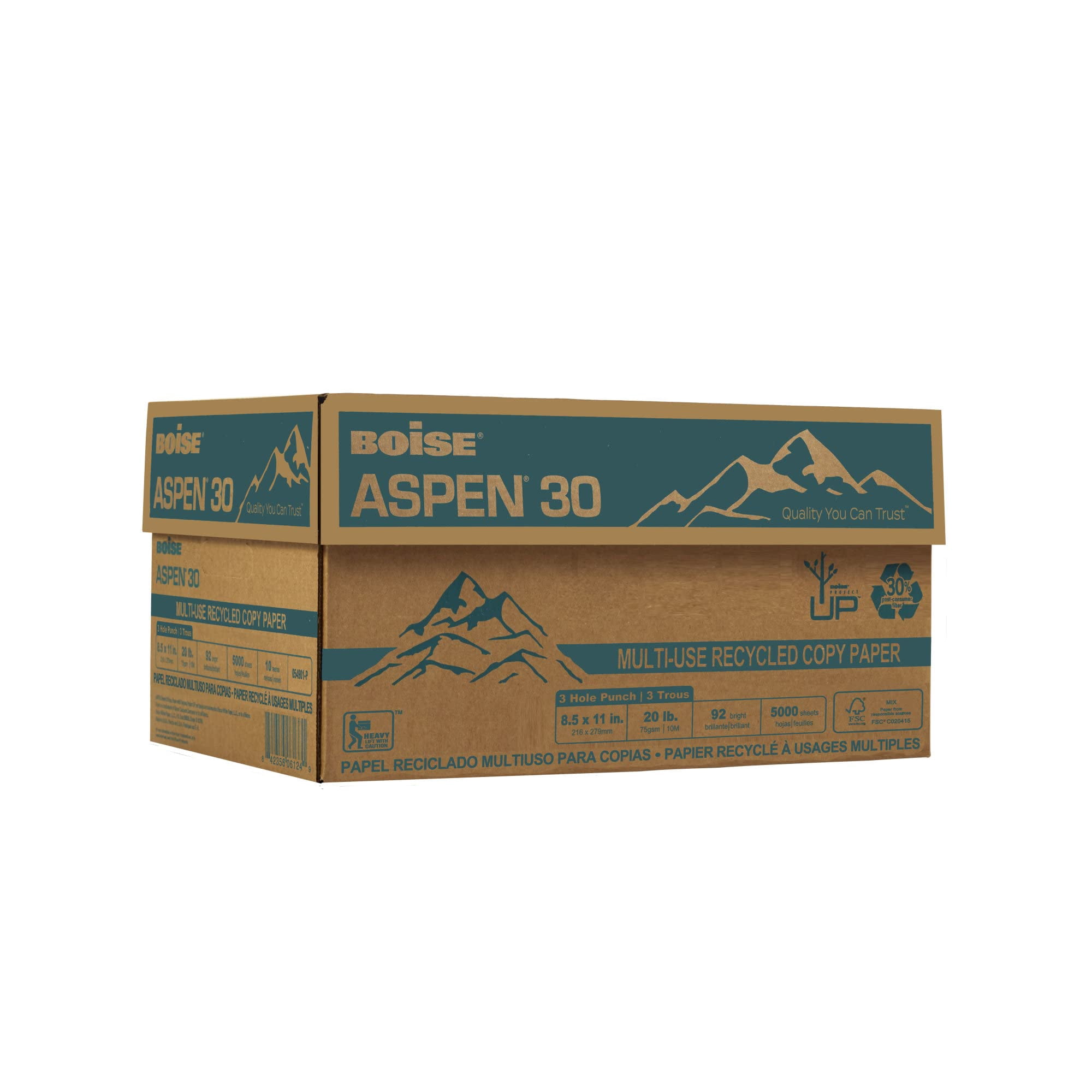 Boise® ASPEN® 30 3-Hole Punched Multi-Use Printer & Copy Paper, 10 Reams, White, Letter (8.5" x 11"), 5000 Sheets Per Ca