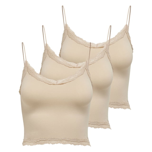 ONLY Top corto para mujer paquete de 3 - ONLVICKY LACE SEAMLESS CROPPED TOP, top de tirantes, encaje Beige M/L (Medium/Large)