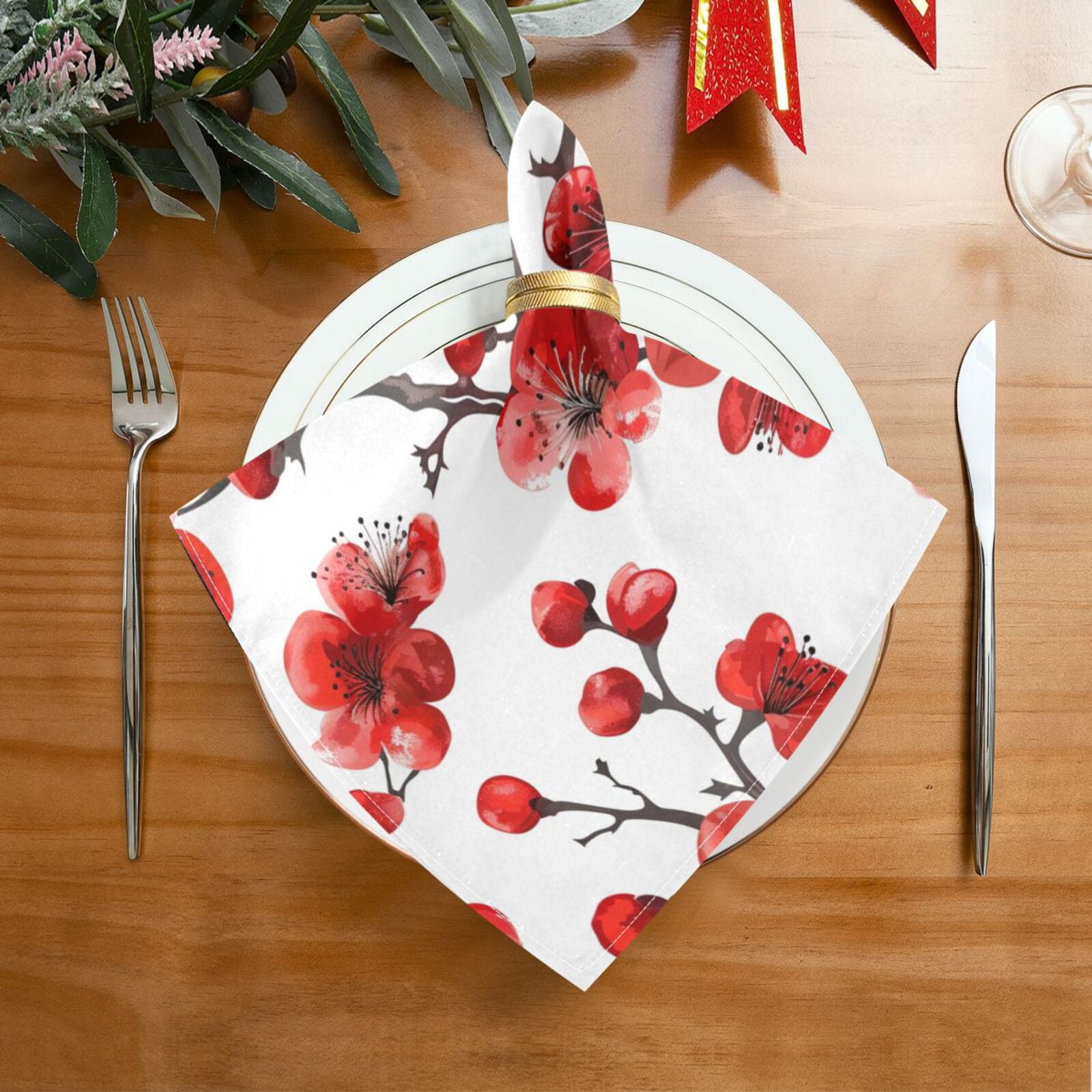 JSTEL Red Cherry Blossom Flower Cloth Napkins Set of 6, 20x20 Inch Washable and Reusable Napkin for Decoupage Dinner Party Everyday Use