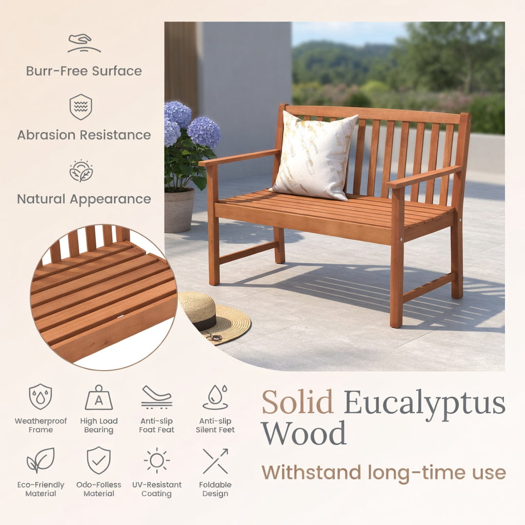 Hommoo 2-Person Outdoor Eucalyptus Wood Patio Bench with Ergonomic Backrest & Armrests, for Garden, Backyard, Poolside Seating, Natural