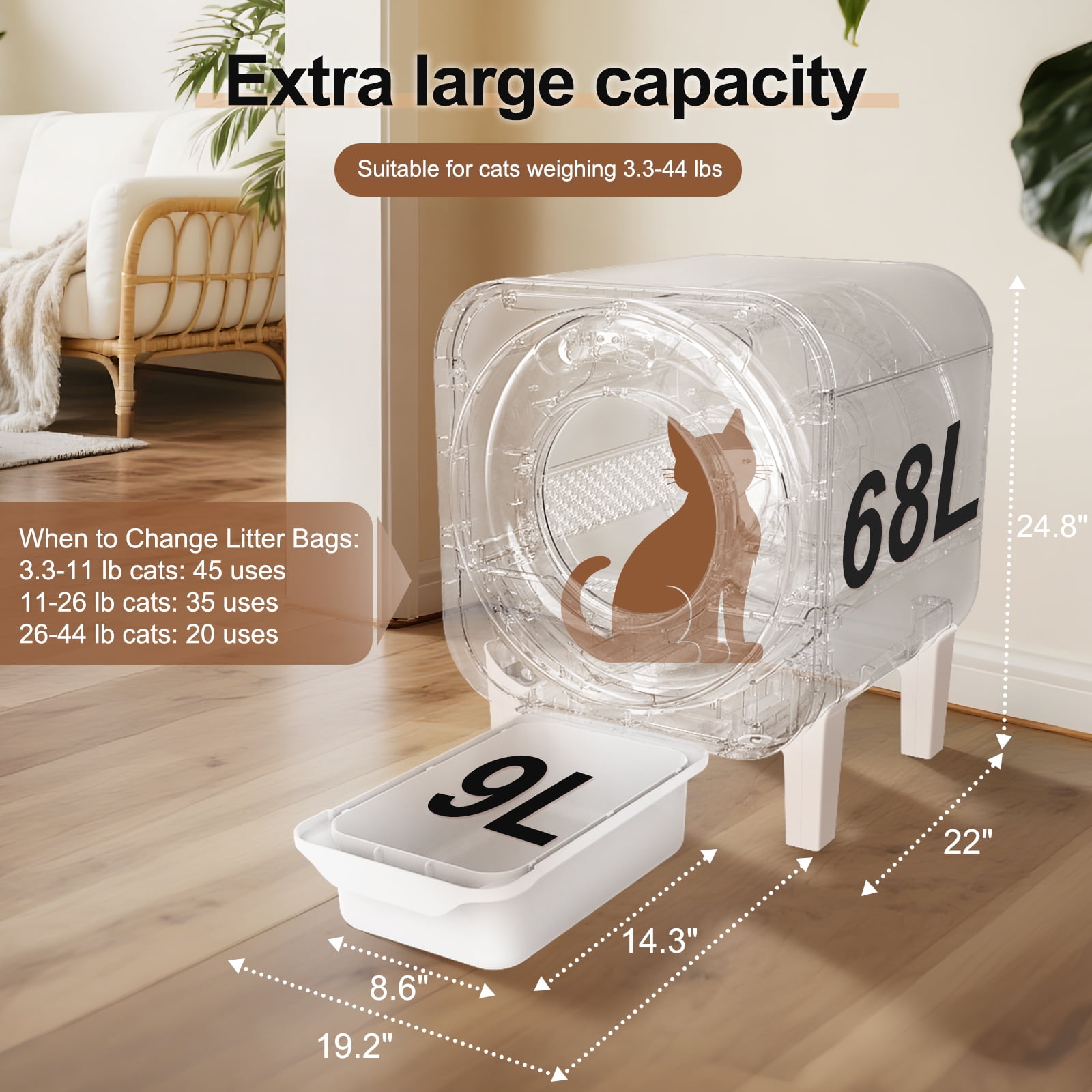 Self Cleaning Litter Box, 68L Large Capacity Automatic Cat Litter Box Self Cleaning for Multiple Cats, Automatic Litterbox with App Control Safety Protection Odor Removal