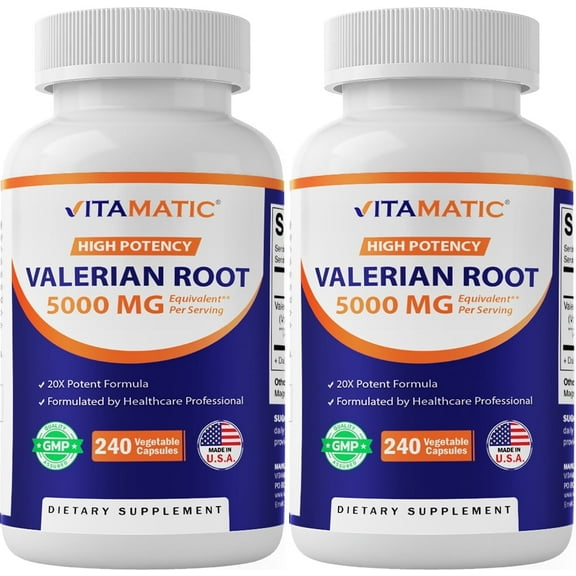 2 Vitamatic Valerian Root 5000 mg Equivalent per Capsule - 240 Capsules - 20X Concentrated Extract from 20:1 250mg - Herbal Sleep Aid