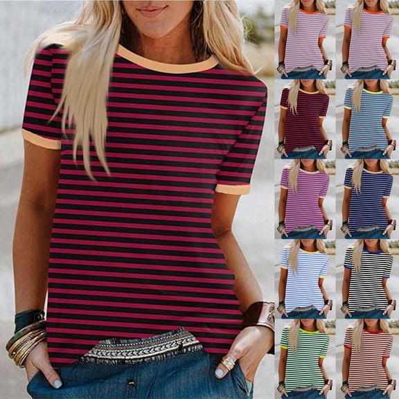 Rvasteizo Women Stripe Print Color Crew Neck Short Sleeve Tops Casual Tee for Women