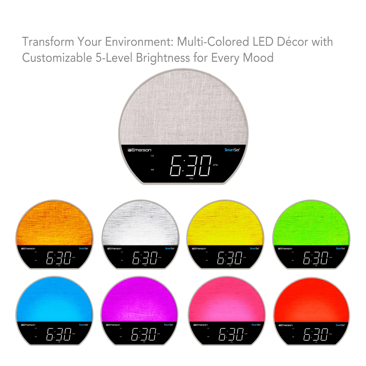 Emerson Sunrise SmartSet Alarm Clock Radio - 1.2" LED Display, White Noise, 6 Soothing Sounds, 8-Color Dimmable LED, Bluetooth Speaker, White - CKSS7071