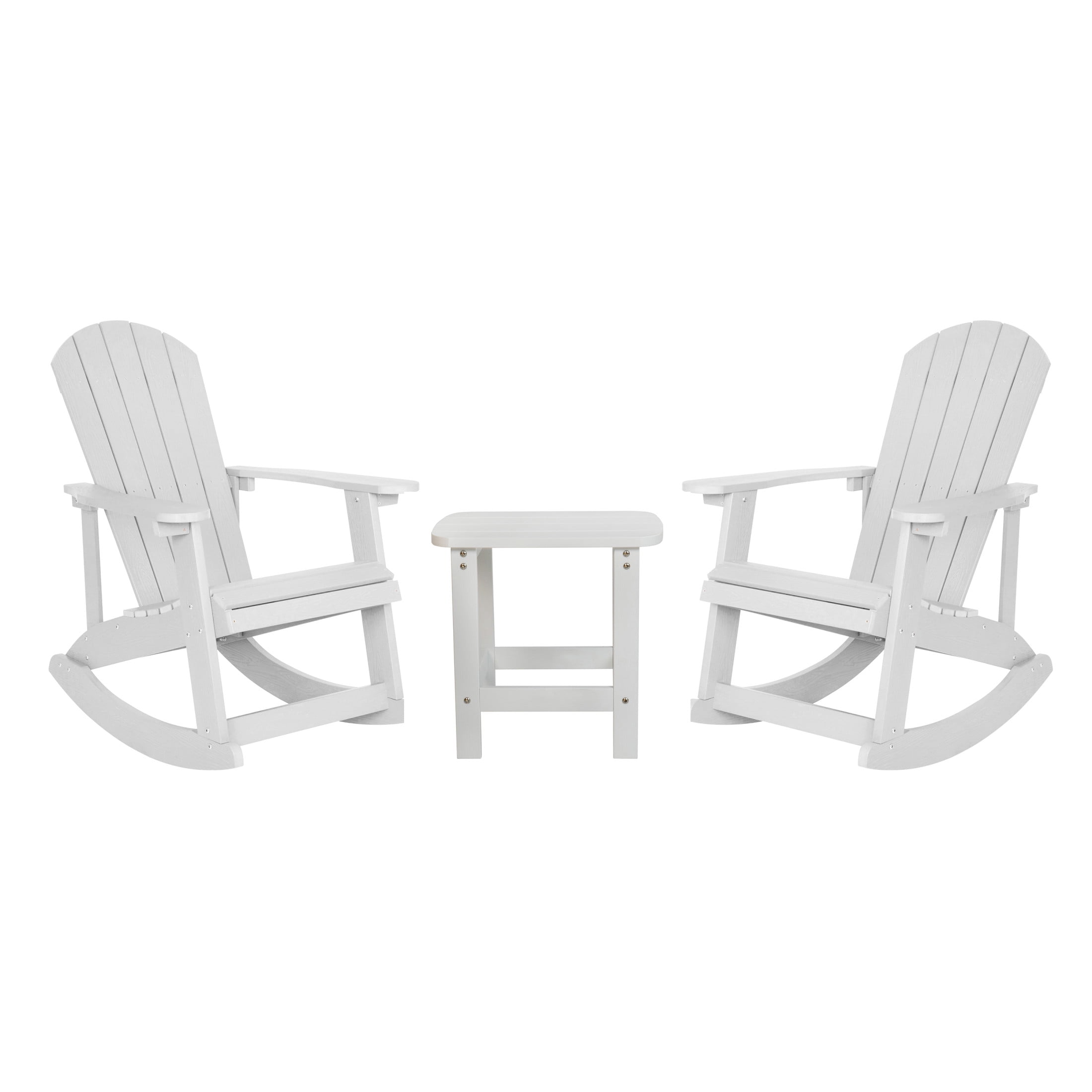 Emma + Oliver Set of 2 Classic All-Weather Poly Resin Rocking Adirondack Chairs in White with Matching Side Table for Year Round Use
