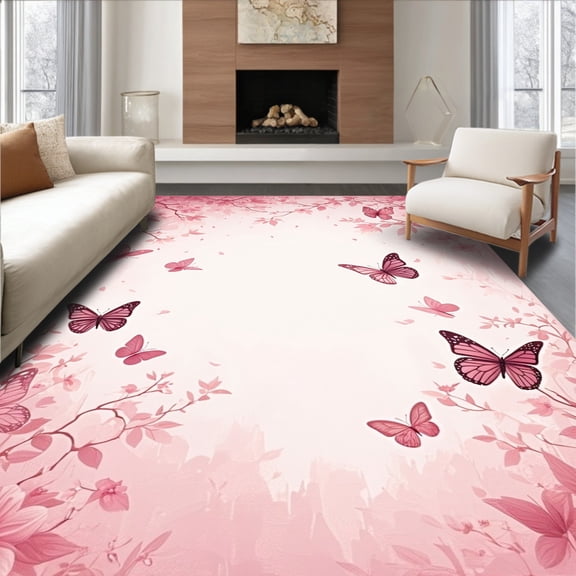 Flatwoven High Traffic Area Rug, Delicate Insect Motif with Subtle Silhouette Accents, Non Slip, Stain Resistant, Washable Area Rugs for Living Room, Bedroom(Pink, 4X6)