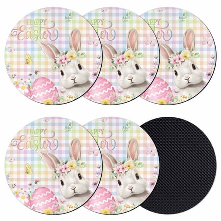 Happy Easter Coasters Set of 6 Absorbent Coasters for Drinks Spring Easter Bunny Eggs Floral Colorful Plaid Coaster for Desk Coffee Table Protection Home Decor House Warming Gifts 4