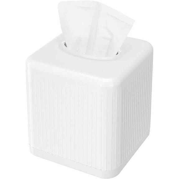 Tissue Box Cover with Base, Square Plastic Tissue Box Holder Decorative Tissue Cover Modern Cube Facial Tissue Dispenser for Bathroom Vanity Countertop, Living Room, Bedroom, Office - White