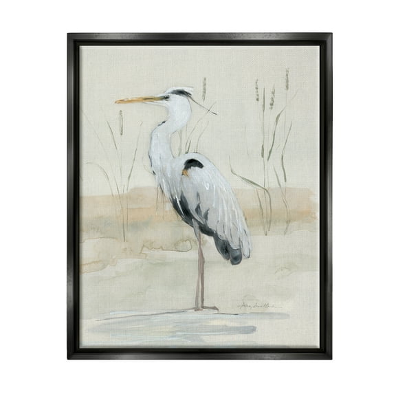 Stupell Industries Heron Bird Riverbank Watercolor Coastal Painting Black Floater Framed Art Print Wall Art