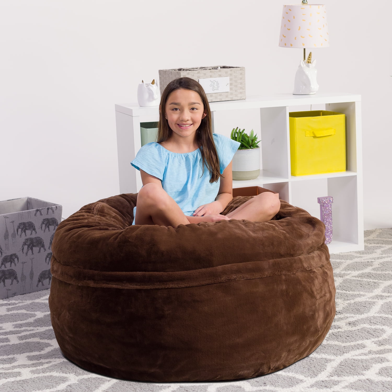 Chill Sack Bean Bag Chair, Faux Rabbit Fur with Memory Foam Fill, 5 ft, Brown