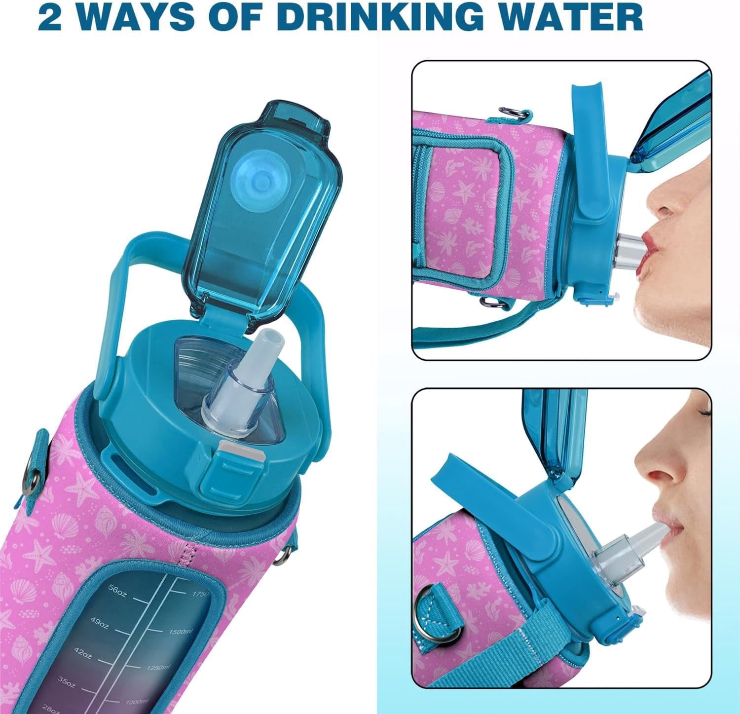 64 oz Water Bottle with Straw and Storage Sleeve - Half Gallon Water Bottle for Gym Women and Outdoor Activities, Gym Gifts for Women