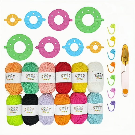 WuPing Pom-Pom Maker Set Includes 8 Pom-Pom Makers (4 sizes / 4 colors), 12 Yarn Balls (12 colors), 7 Crochet Hooks, 1 Pair of Scissors