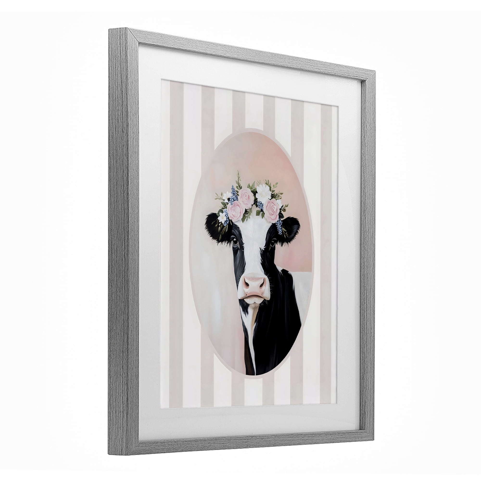 Stupell Industries Soft Cow with Floral Crown Gray Framed Print Under Glass, design by Arlington Prints