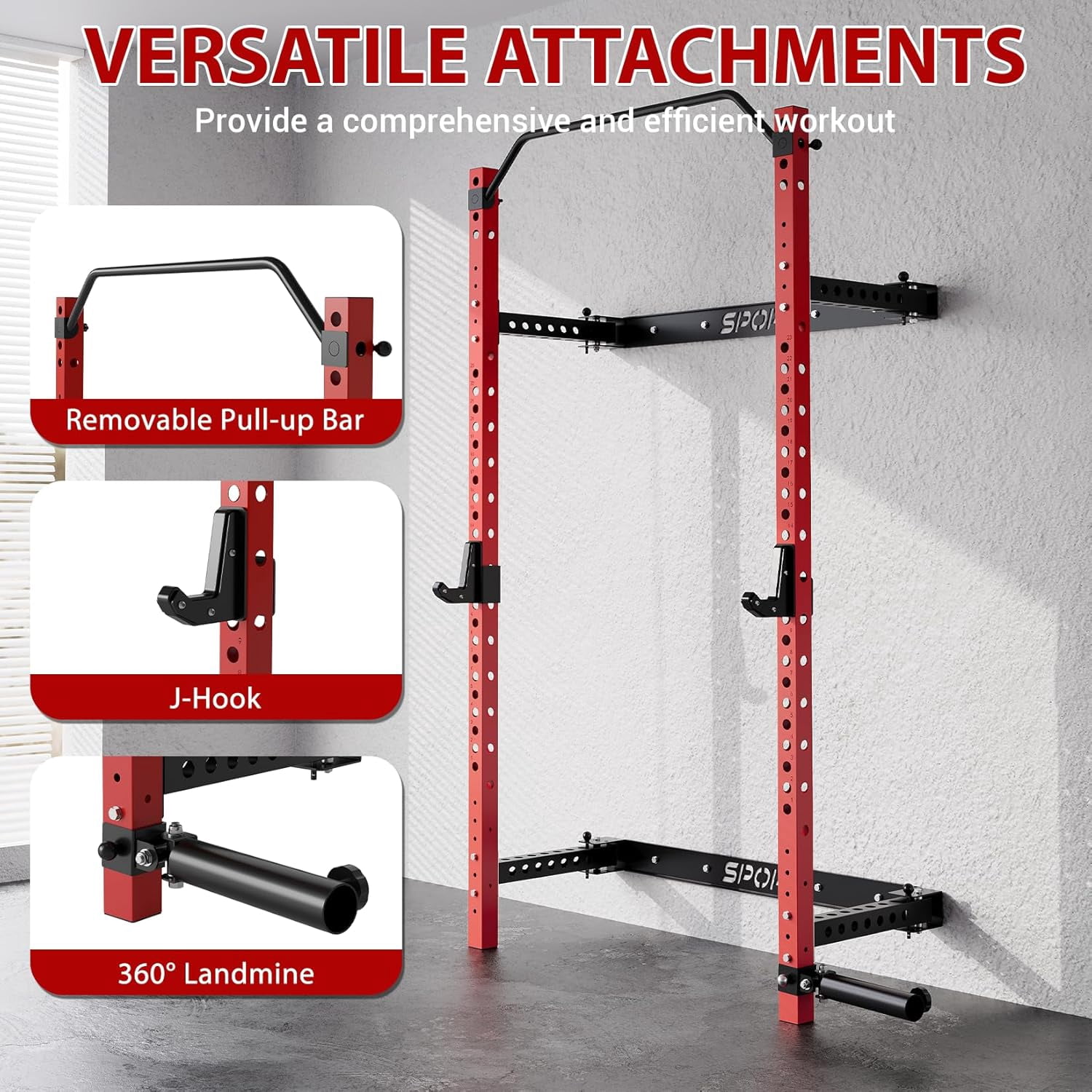 Folding Wall Mounted Squat Rack, 2.36" x 2.36" Power Racks for Home Gym, 1000 LBS Capacity Squat Rack with Pull Up Bar
