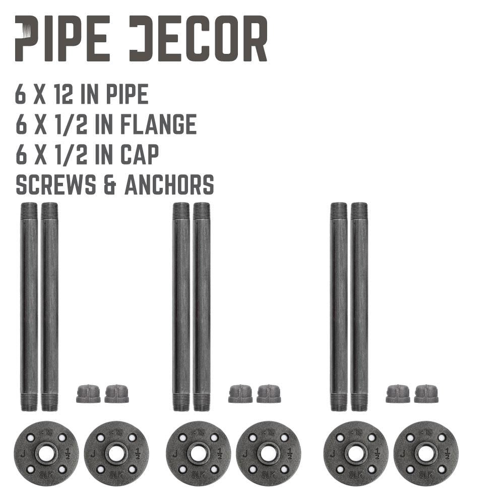 PIPE DECOR 1/2 in x 12 in, Cast iron Heavy-Duty Shelf Bracket Kit 6 Pack