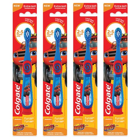 Pack of (4) Colgate Kids Blaze Toothbrush with Soft Bristles and Suction Cup Holder, Assorted Colors