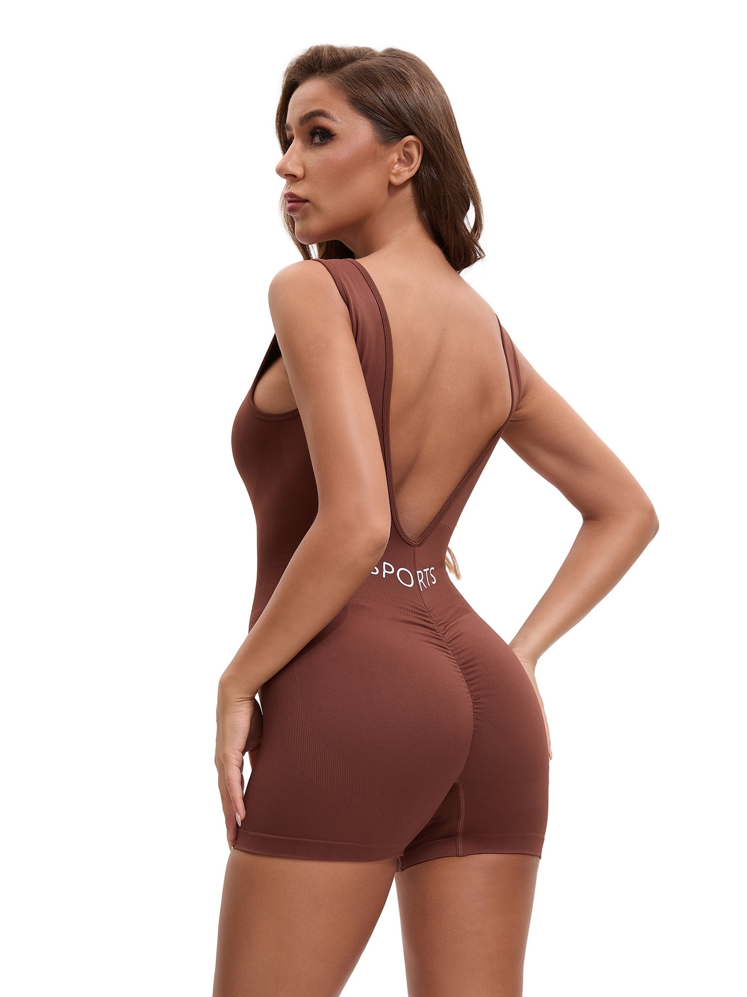 DARING DIVA Women's Jumpsuits Backless Tummy Control V Back Romper M Coffee