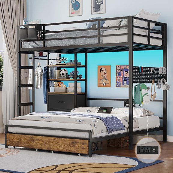 Metal Bunk Bed Twin Over Full Size with LED Lights and Charging Station, Twin Size Loft Bed with 4 Storage Drawers and 3-Tier Open Bookshelf, Modern Bunk Beds with Pegboard and Ladder, Black