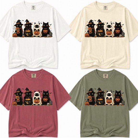 Black Cats Halloween Shirt, Cute Spooky Cat Crew Costume Graphic Tee, Ghost Pumpkin Spooky Season Gift for Cat Mom, Unisex
