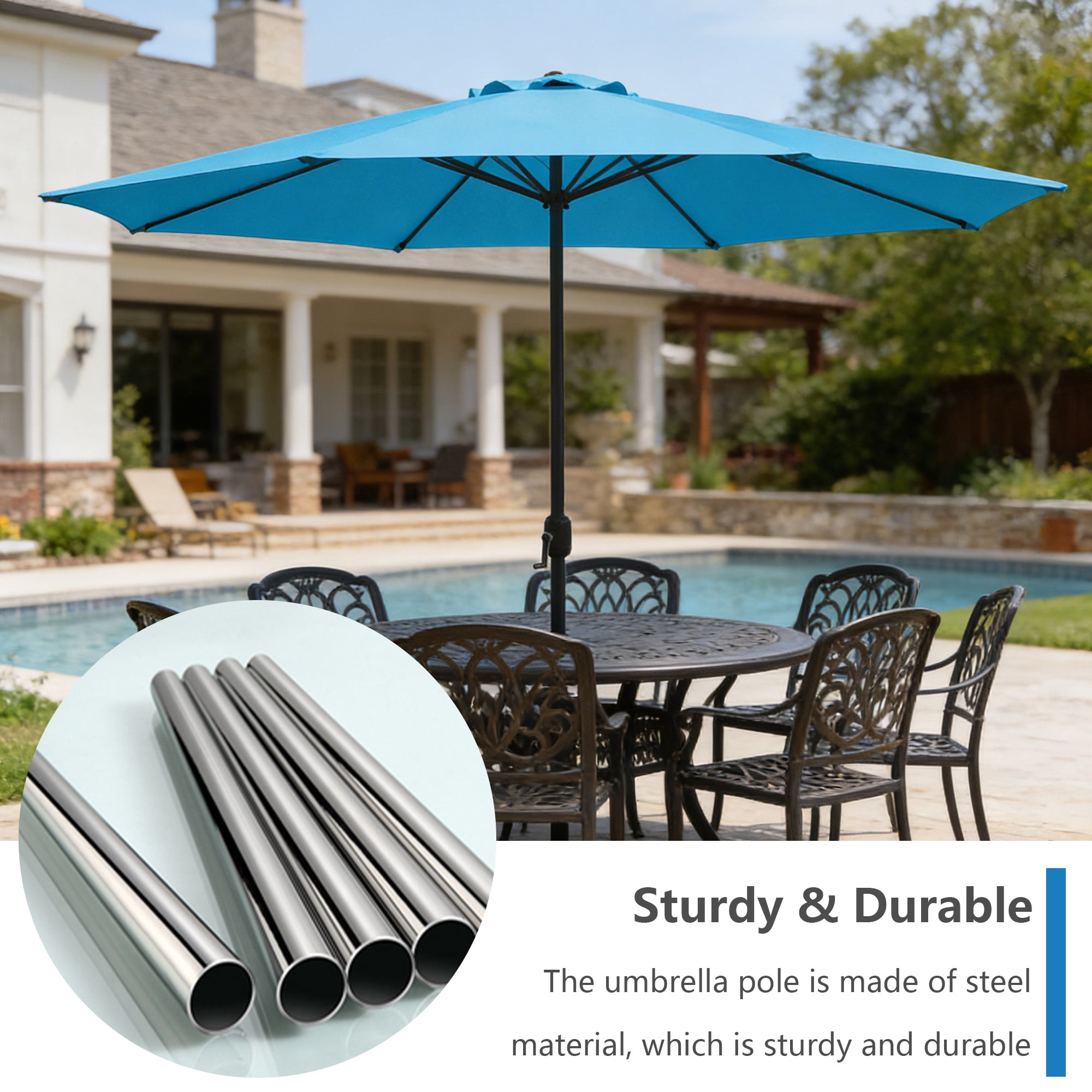 Abble 11FT Outdoor Patio Umbrella with Crank Handle, Market Umbrella with 8 Sturdy Umbrella Ribs, Waterproof for Garden Deck Backyard Pool, Aqua