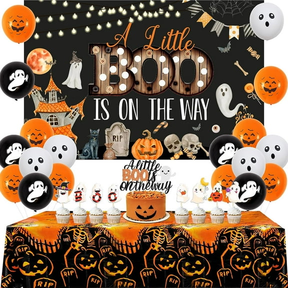 Halloween Baby Shower Decorations for Boy or Girl A Little Boo Is On The Way Balloon Backdrop Cake Topper Tablecloth Orange Black for Halloween Party Supplies