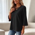 thumbnail image 5 of Tusihei Women V Neck 3/4 Sleeve Casual Tops Loose Fit Boho Pullover Tee Solid Basic Comfy Summer Fall Outfits Beach Blouse, Black M, 5 of 8