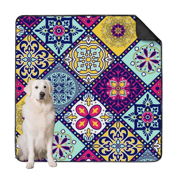 Boho Themed Jumbo Dog Pee Pad, 72x72 Inch Washable and Reusable Potty Mat with Non-Slip Bottom, for Indoor Training and Whelping Needs